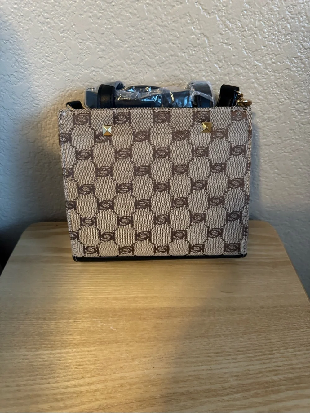 Bebe Monogram Brown and Black Talulla Satchel Tote with Crossbody Strap
